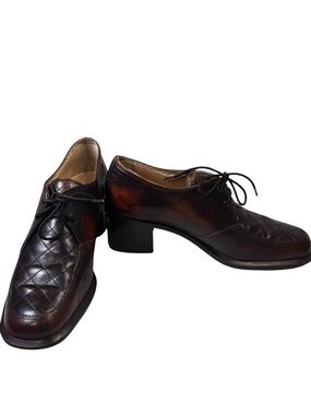 Joan Helpern Signature Vintage Brown Leather Quilted Heeled Oxfords Size 7.5